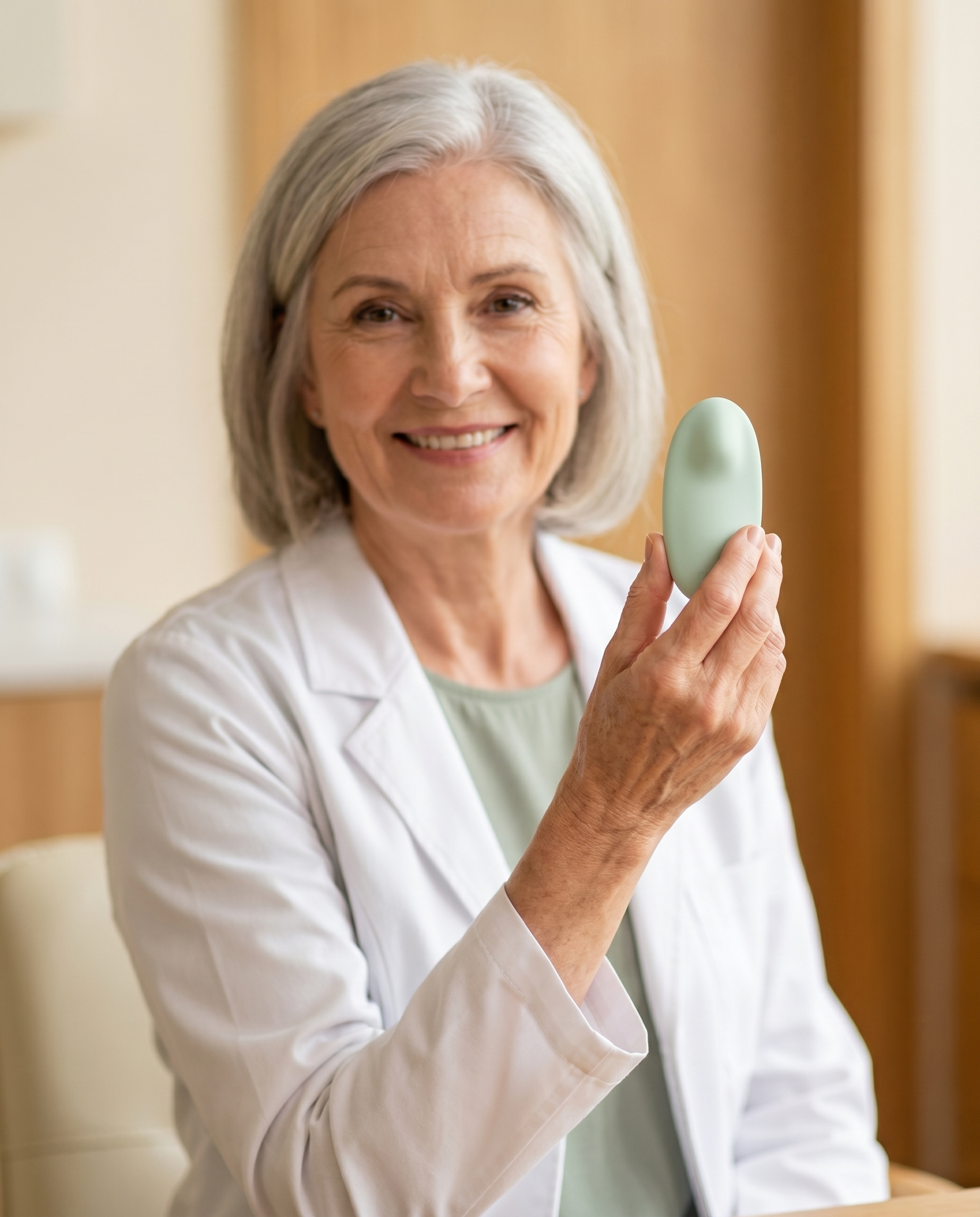Dr. Elise Renner, couples & intimacy therapist, holding the Petal Nyx device